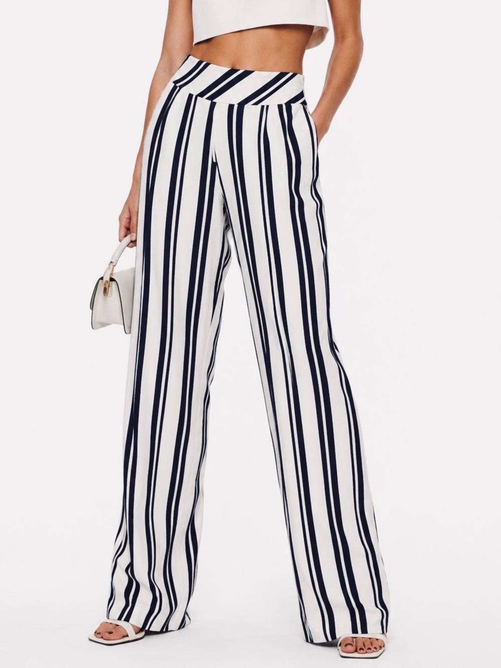 MARC CAIN Black & White Vertical-Stripe Wide Leg Trousers Pull-On Pants